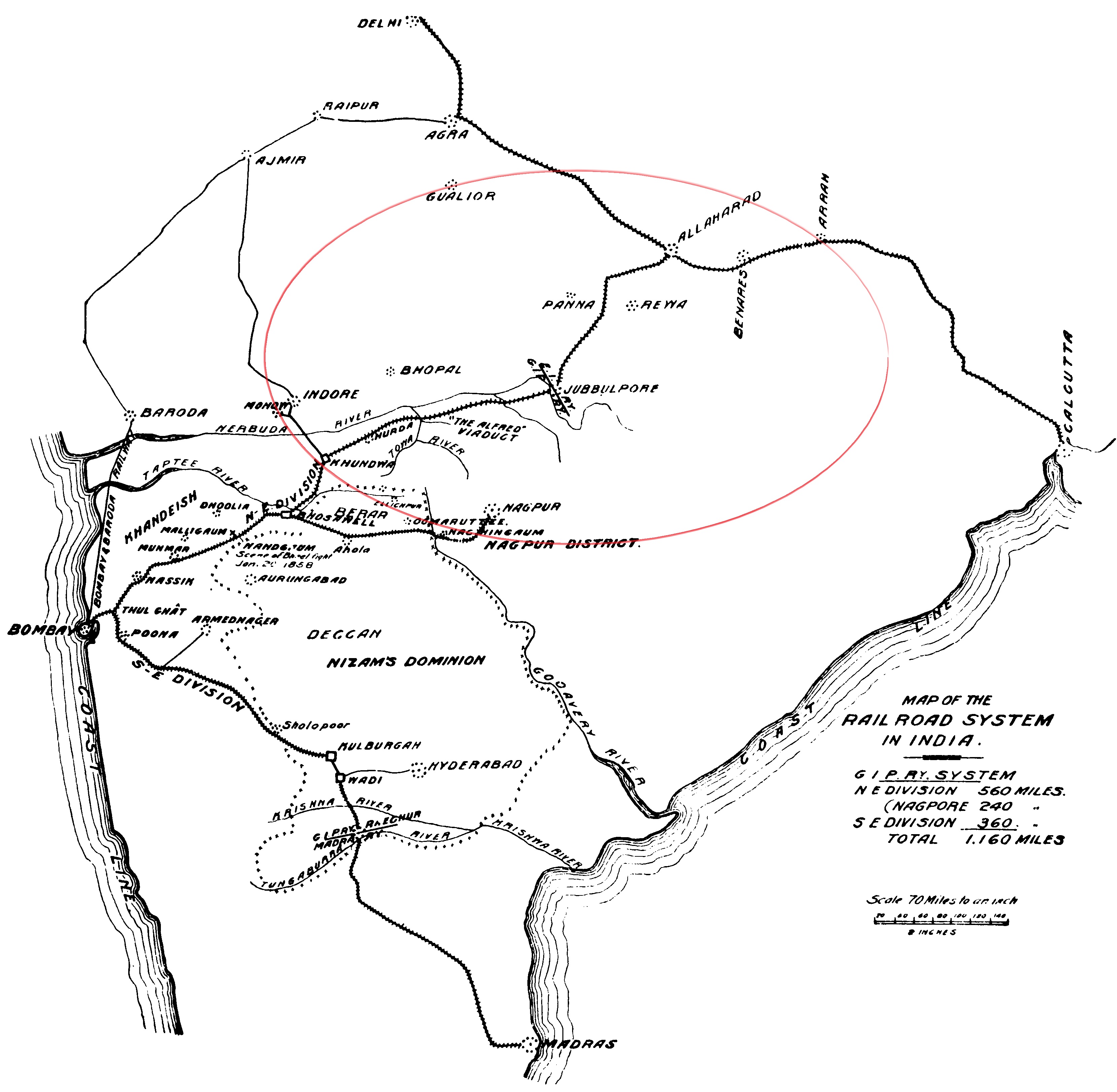 A map of the the railway network connecting East India Railway and Great India Peninsula Railway lines to complete the Bombay-Howrah track 